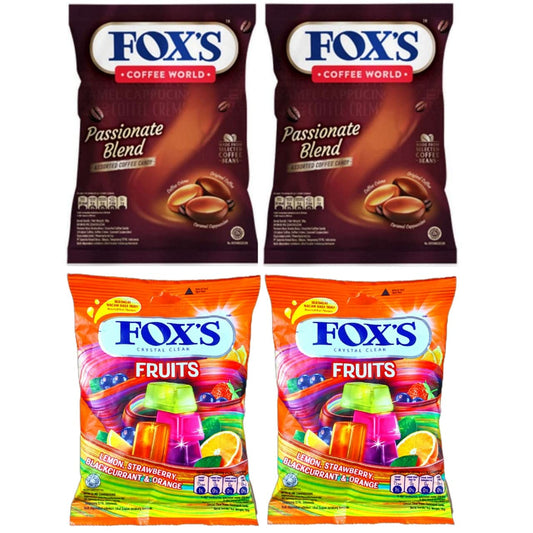 Fox's Crystal Clear Coffee World Passionate Blend Assorted Coffee Candy (125gm x 2pc) & Fox's Crystal Clear Fruits Candy (125gm x 2pc) - Coffee and fruit candy combo!