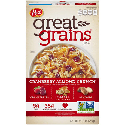 Post Great Grains Cranberry Almond Crunch Whole Grain, Non GMO Verified, Heart Healthy Cereal, 14 Ounce Box - Cranberry almond crunch for a heart-healthy start!