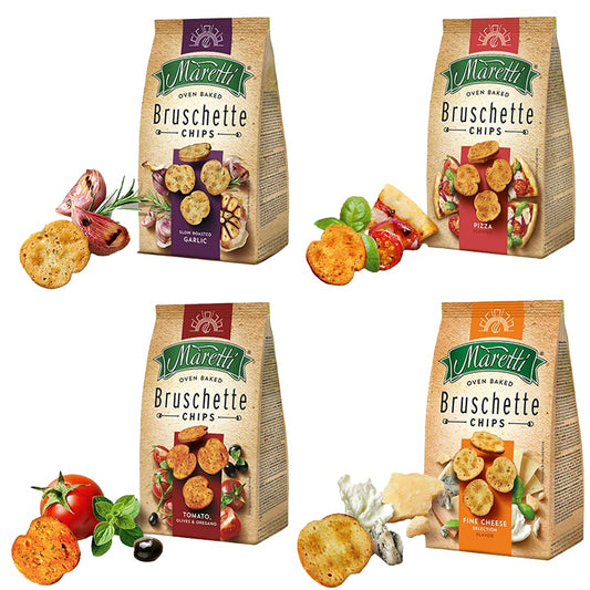 Maretti Oven Baked Bruschette Chips Slow Roasted Garlic, Pizza Flavour, Tomato Olives & Oregano, Fine Cheese Selection, 70 Gm Each, Combo Of 4 - "Flavorful Bruschette Chips Combo!"