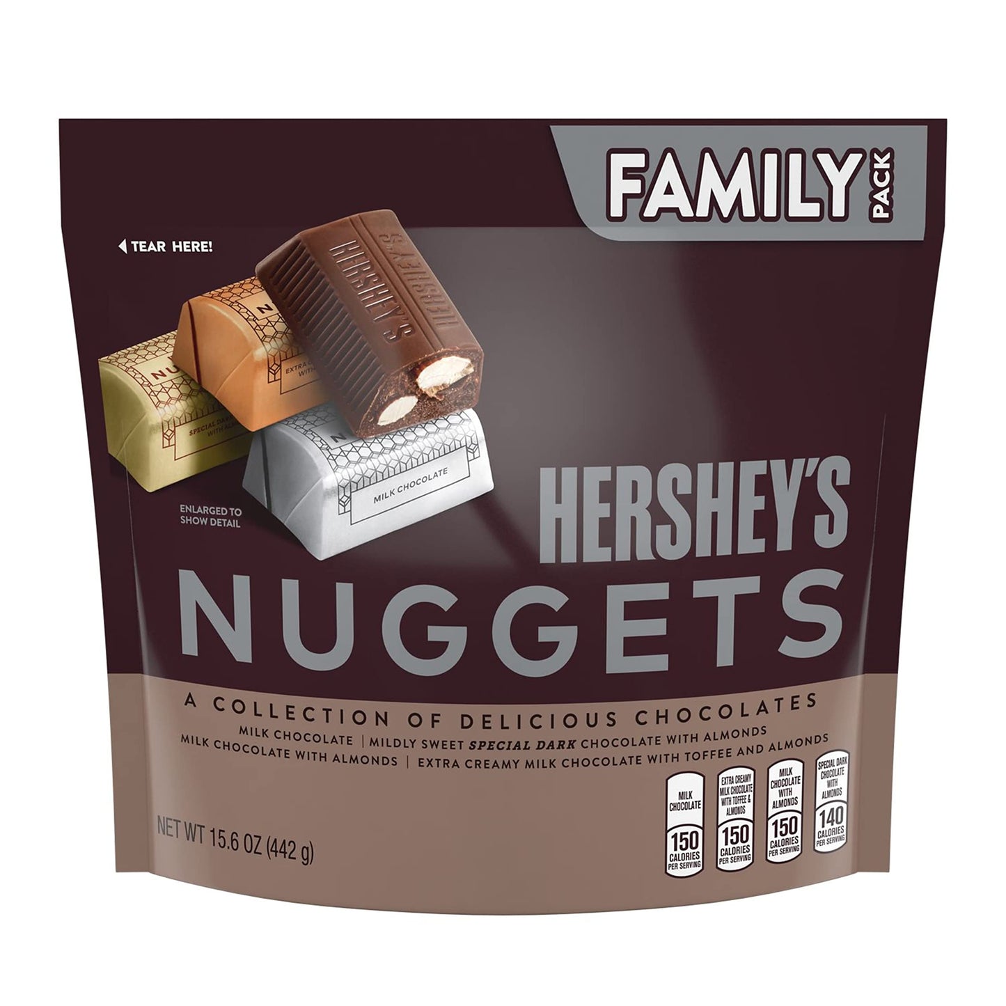 Hershey's Nuggets Assortment Chocolate Family Pack, 442 g - A family-sized pack of assorted chocolate nuggets, 442g of delicious variety.