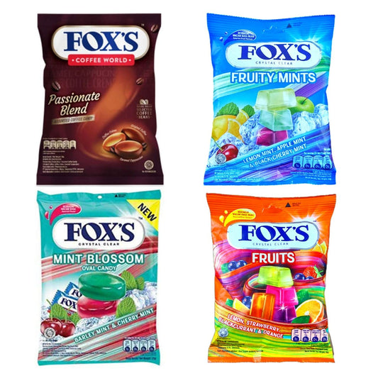 Fox's Crystal Clear Candy- Mint Blossom Candy, Coffee Candy, Fruits Candy and Fruity Mints Candy 125Gms Each- Combo Pack of 4 - Four candy flavors!