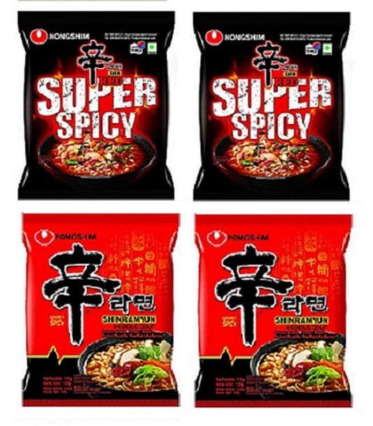 Nongshim Shin Ramyun & Red Super Spicy Noodles 120 grams*4Pack (Pack of 4) (Imported) - "Nongshim Shin Ramyun & Red Super Spicy - 4 Pack, 120g Each of Fiery Noodle Bliss!"