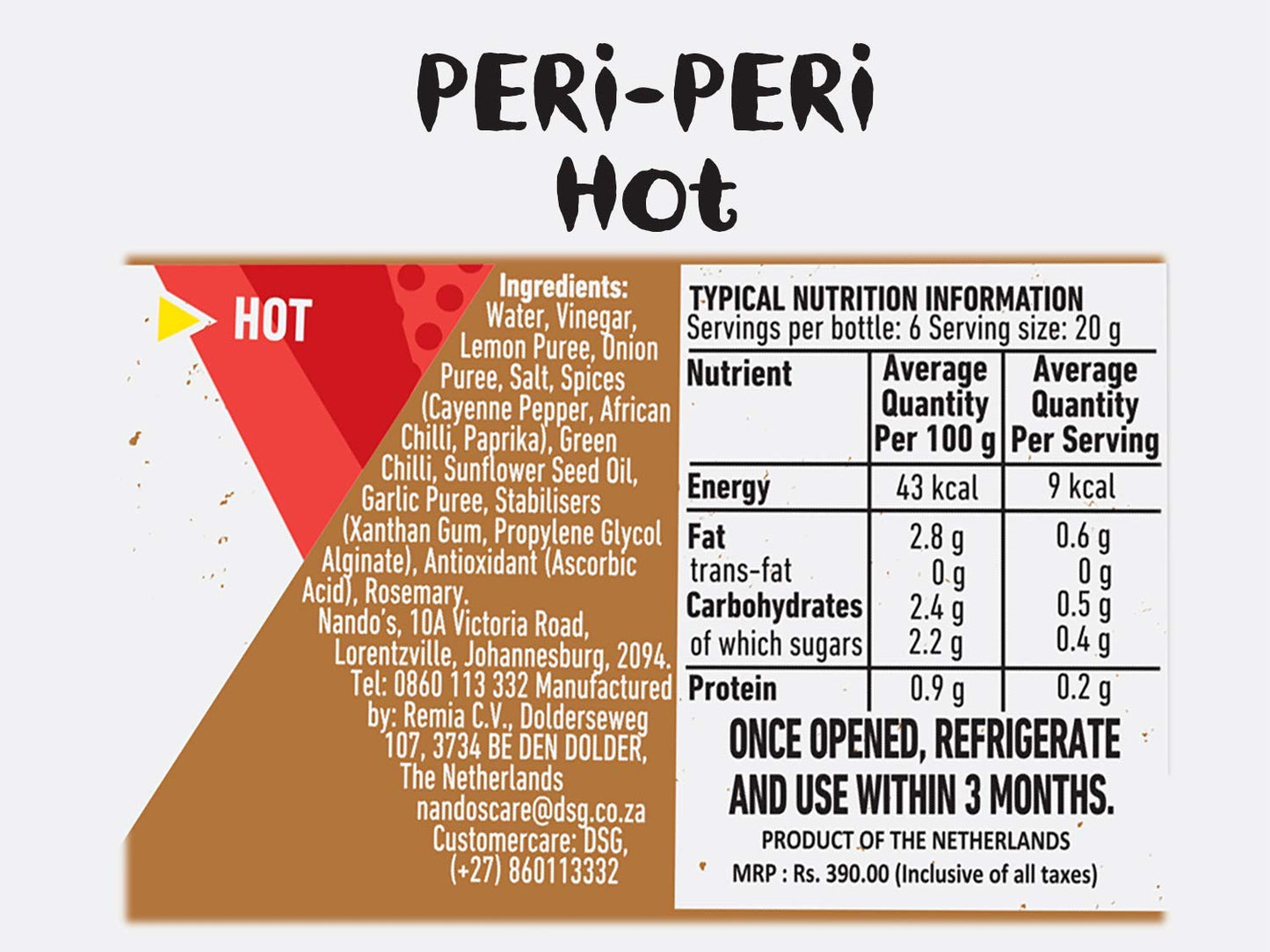 Nando's Peri Peri Chilli Sauce - Hot, 250g, Product of The Netherlands - "Hot Peri Peri Heat!"