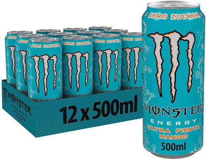 Monster Energy® Ultra Fiesta® Mango Carbonated Energy Drink | L-Carnitine + Taurine + Zero Sugar, 16.91 fl oz / 500 ml, 12 Pack - "Fiesta Mango Burst!"