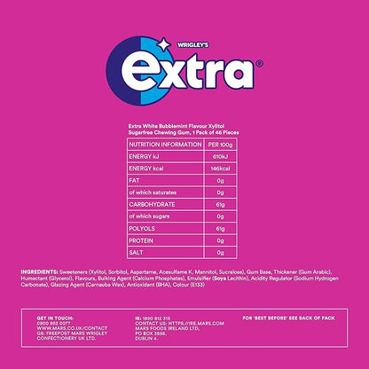 Wrigley's Extra White Bubblemint Sugar-Free Chewing Gum - 46 Pieces, 2.26 oz / 64 g - Bubble into Freshness!