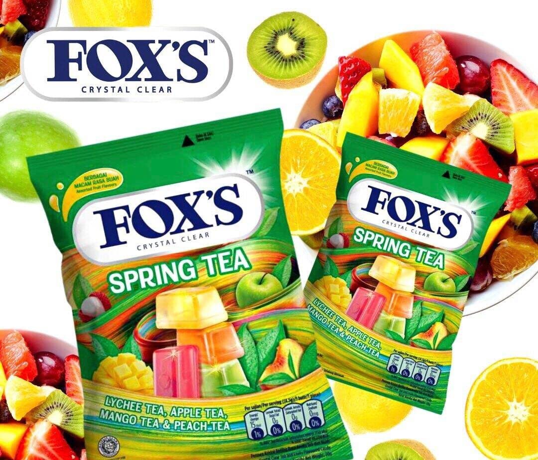 Fox's Crystal Clear Spring Tea Candy, 90g [Lychee Tea, Apple Tea, Mango Tea, Peach Tea Candy] (Fox's Tea- 90g x 4) - Four-pack assorted tea candy!