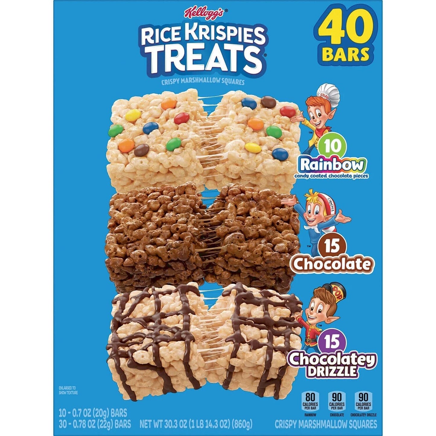 Kellogg's Rice krispies Treats Marshmallow Squares 40 Bars (10 Rainbow Bar Candy Coated Chocolate, 15 Chocolate,15 Chocolatey Drizzle) 860gm