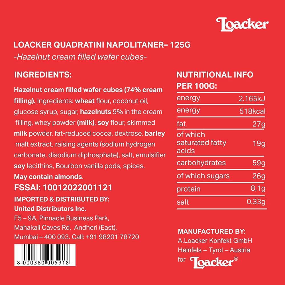 Loacker Quadratini Napolitaner(Hazelnut) - 125g, Italy (Pack of 18)