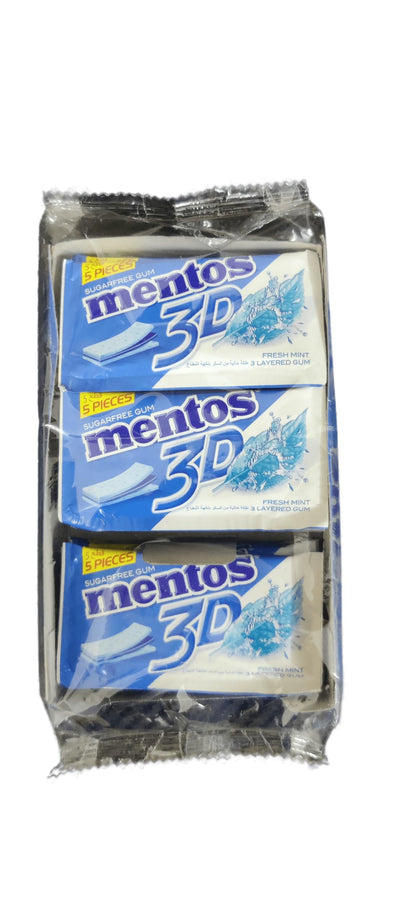 Mentos 3D Triple Layer Sugar-Free Chewing Gum 5 sticks each - pack of 15 (Fresh Mint) - "Triple Layer Fresh Mint Gum!"