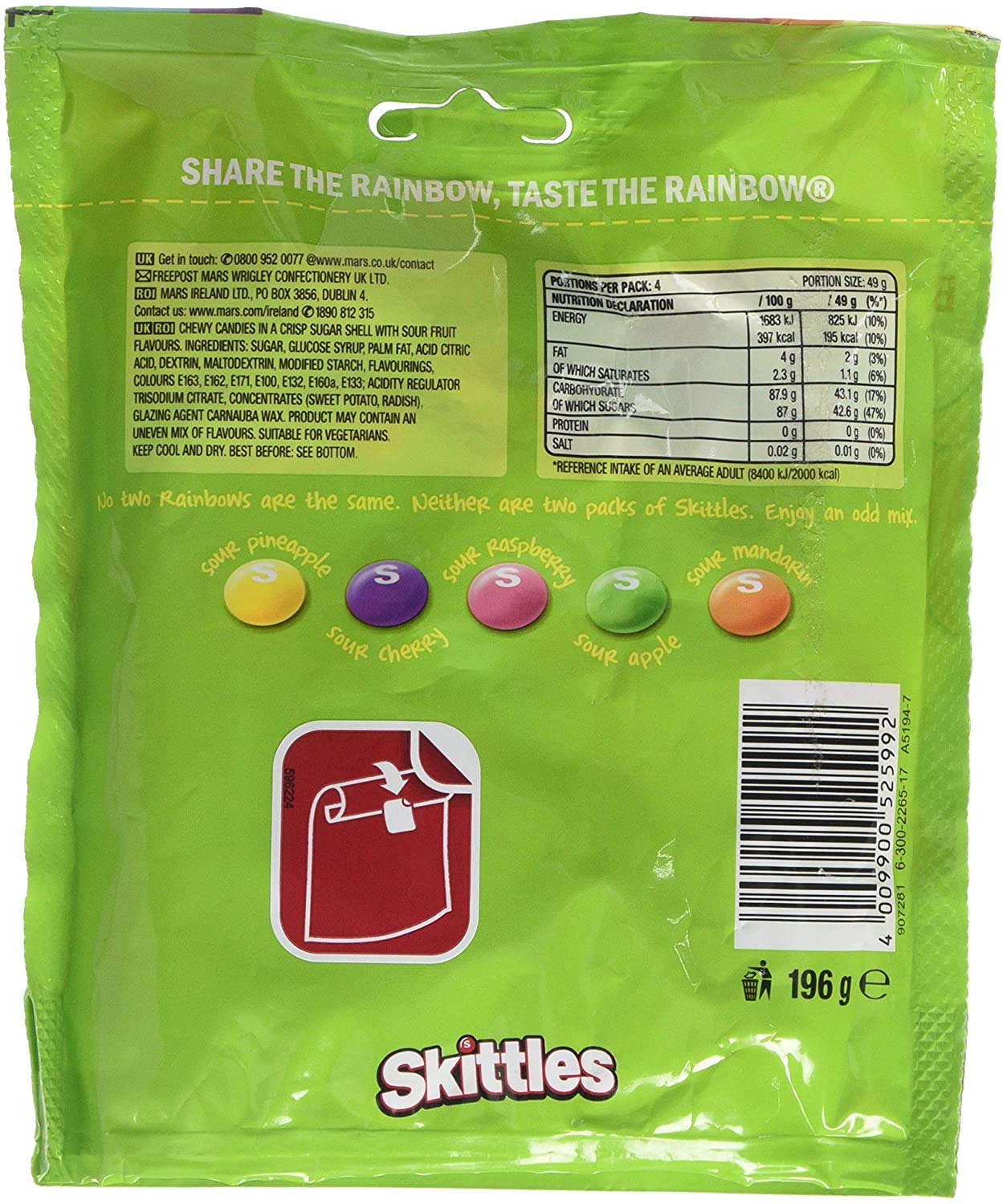 Skittles Crazy Sour Flavoured Candy, 196 Grams, Mixed-Fruit