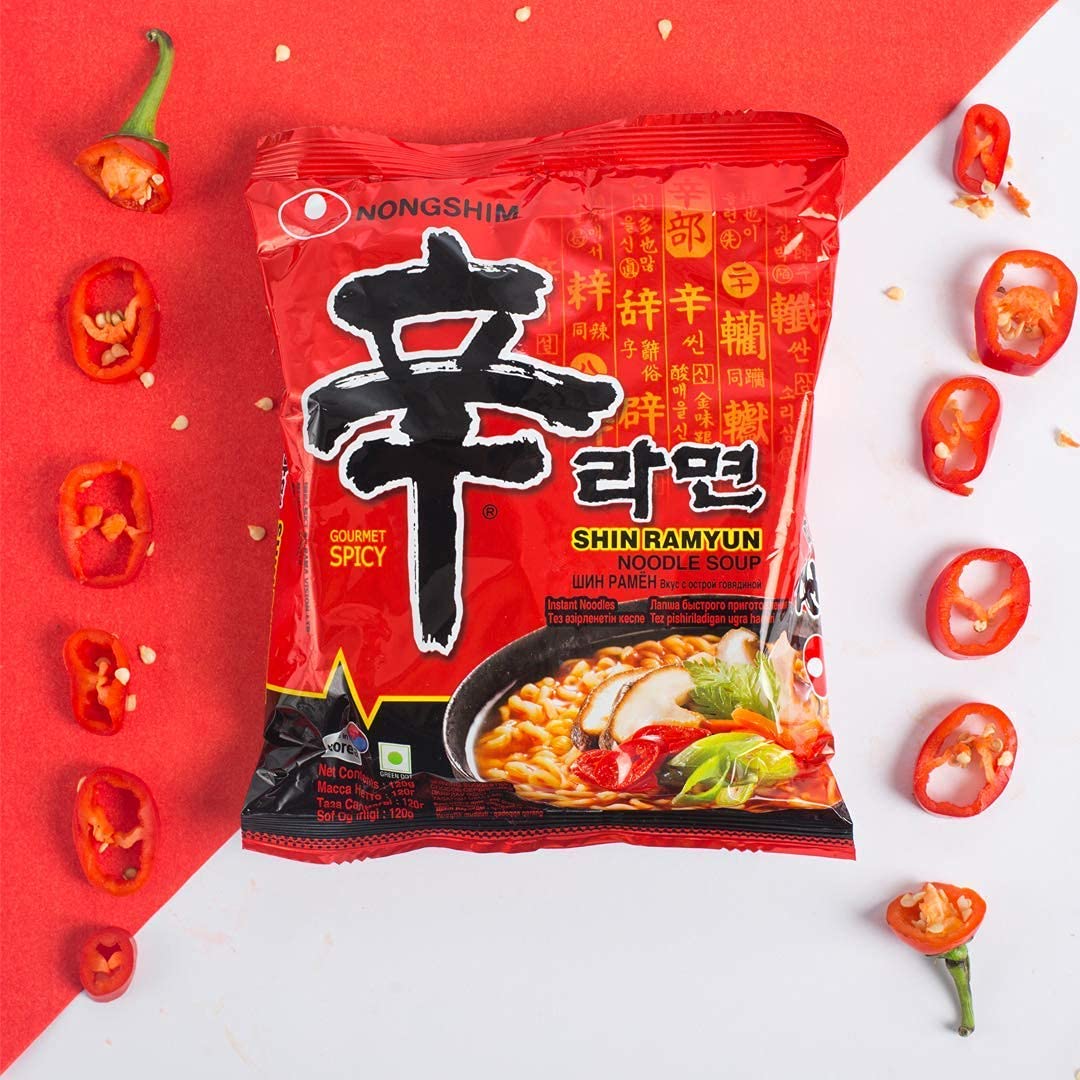 Nongshim Shin Ramyun Instant Noodles 120Gm*5Pack (Pack Of 5) (Imported), Vegetarian - "Nongshim Shin Ramyun - 5 Pack, 120g Each of Spicy Veggie Noodles!"