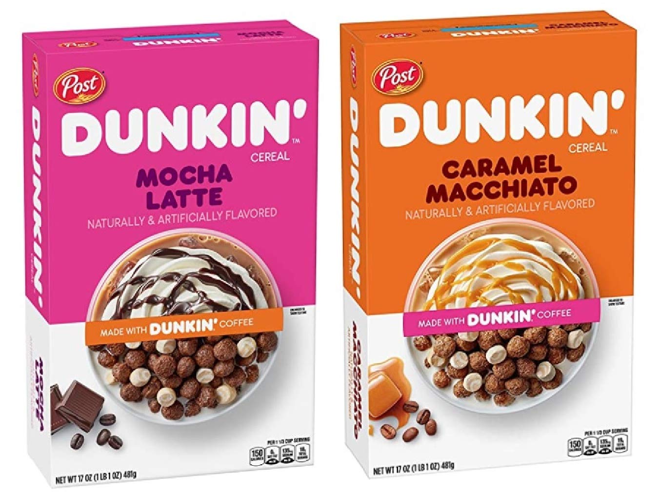 Post Dunkin' Cereal Bundle Includes Mocha Latte and Caramel Macchiato Flavors (2 Box Total) - Dunkin' coffee flavors in your cereal bowl!