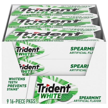 Trident White Sugar Free Gum, 16 Count (Pack of 9) (Spearmint)