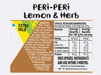 Nando's Peri Peri Chilli Sauce, Lemon and Herb, 250g, Product of The Netherlands - "Lemon & Herb Peri Peri Joy!"