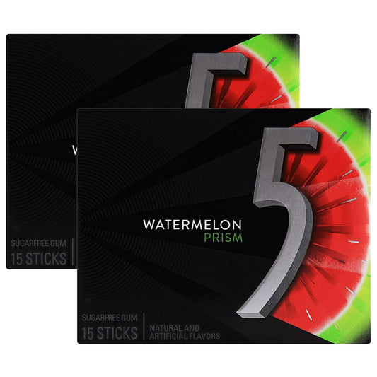 Wrigley's 5 Prism Watermelon Sugar-Free Gum - 2 Packs, 15 Sticks Each - Double the Refreshment!