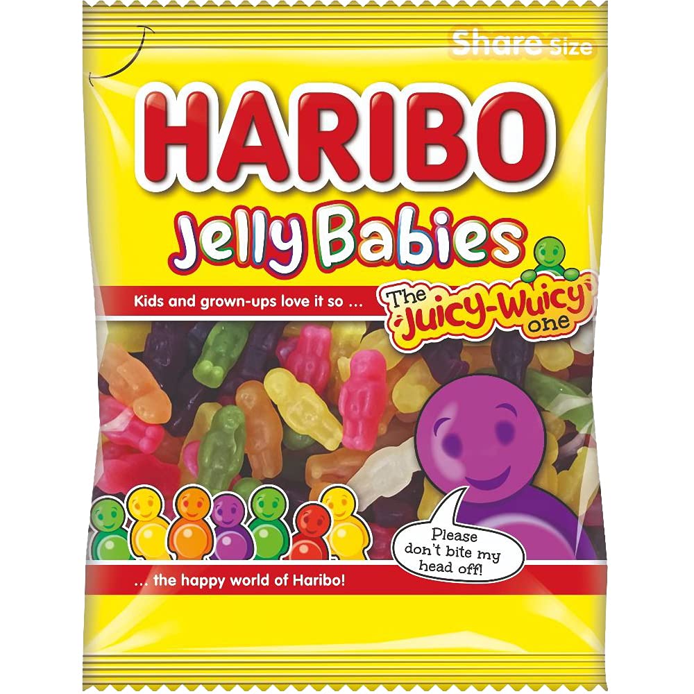 HARIBO Jelly Babies Share Size, Purple & White, 160 g (BSTW713426) - Purple and white jelly babies in a share size pack.