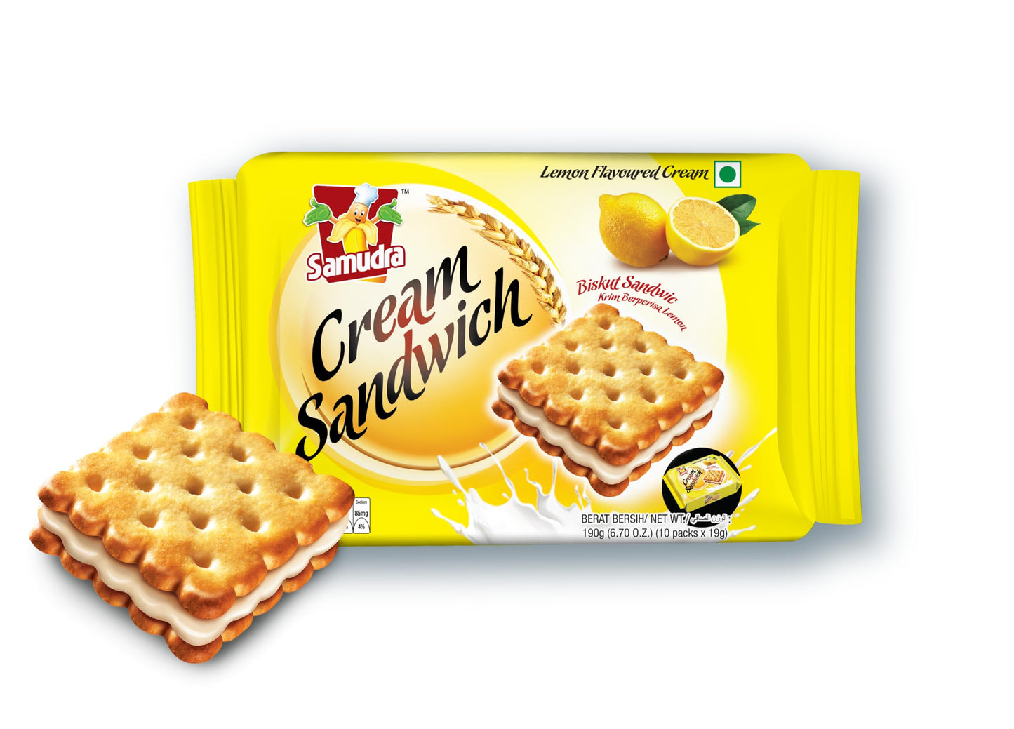 Samudra Lemon Flavour Cream Sandwich Biscuit | Cream Biscuits | Lemon Biscuits | Lemon Sandwich Biscuits- PACK OF 3 (190g Each)