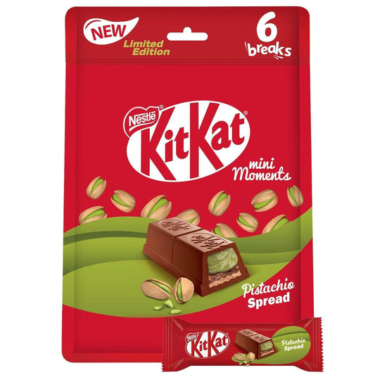 Nestle KitKat Mini Moments Wafer Bars With Pistachio Spread Covered With Milk Chocolate - Limited Edition 100.8g - "KitKat Mini Moments Pistachio - Limited Edition, 100.8g of Pistachio Spread Delight!"