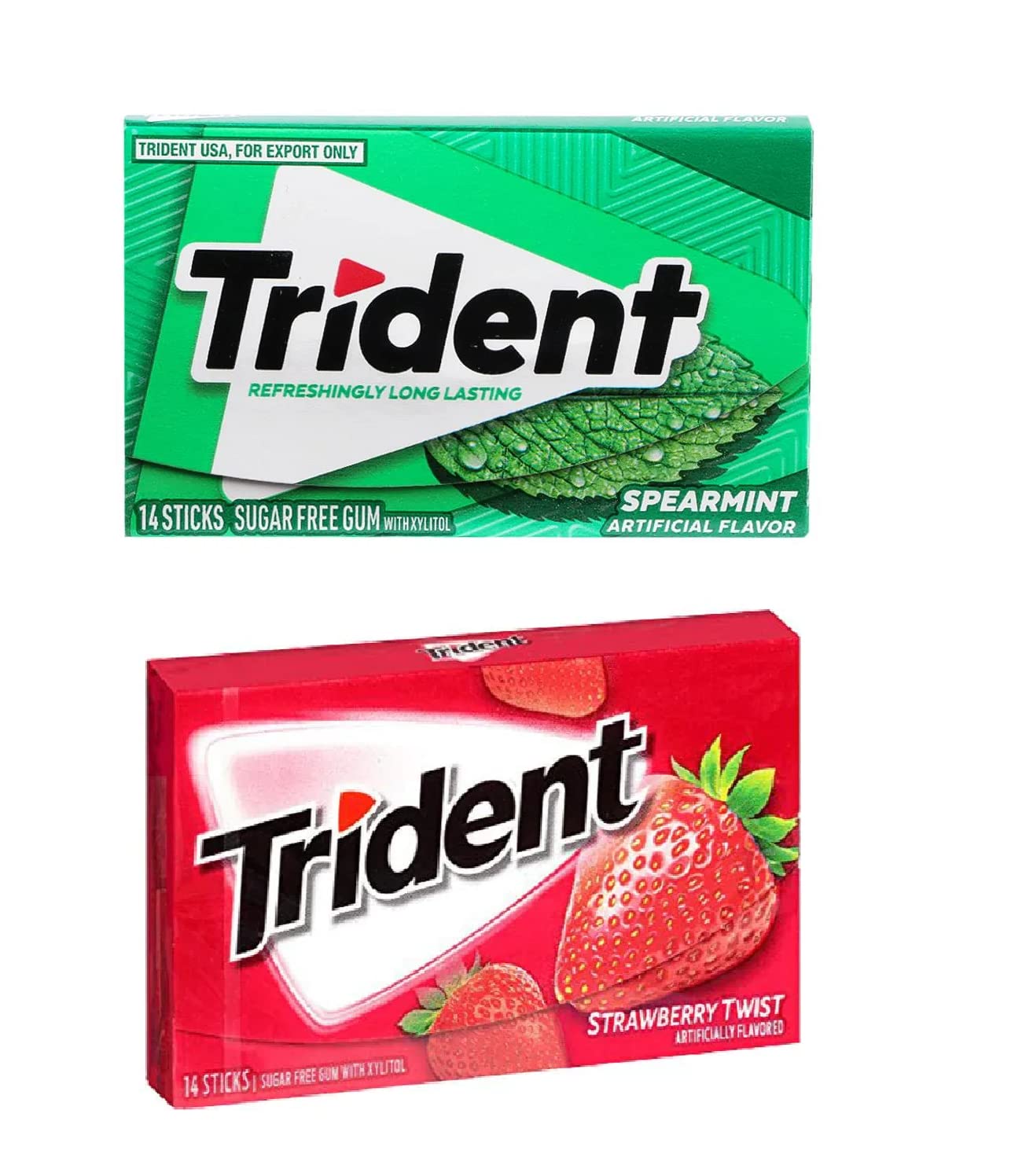 Trident Sugar-Free Chewing Gum - Spearmint Flavor, 14 Sticks, 26g & Strawberry Flavor, 14 Sticks, 26g - Double the Freshness!