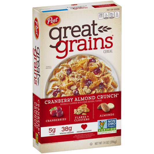 Post Great Grains Cranberry Almond Crunch Whole Grain, Non GMO Verified, Heart Healthy Cereal, 14 Ounce Box - Cranberry almond crunch for a heart-healthy start!