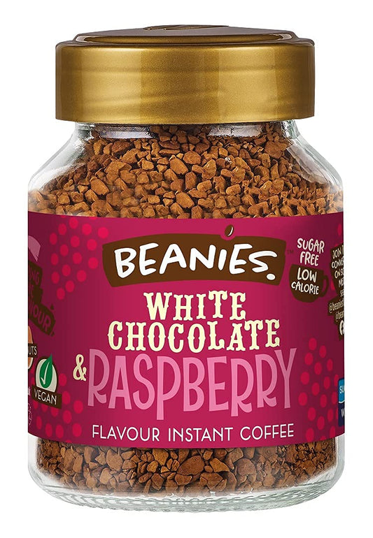 Beanies The Flavour Co Beanies | Instant Flavoured Coffee | White Chocolate & Raspberry | Low Calorie, Sugar Free | 50 G | Pack Of 1, Jar - A sweet and fruity delight