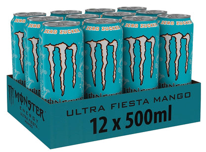 Monster Energy® Ultra Fiesta® Mango Carbonated Energy Drink | L-Carnitine + Taurine + Zero Sugar, 16.91 fl oz / 500 ml, 12 Pack - "Fiesta Mango Burst!"