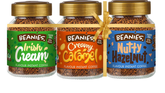 Beanies | Instant Flavoured Coffee | Irish Cream 50g, Creamy Caramel 50g, Nutty Hazelnut 50g | Low Calorie, Sugar Free | Pack of 3 - Three delicious flavors