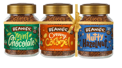 Beanies | Instant Flavoured Coffee | Mint Chocolate 50g, Creamy Caramel 50g, Nutty Hazelnut 50g | Low Calorie, Sugar Free | Pack of 3 - Three times the flavor