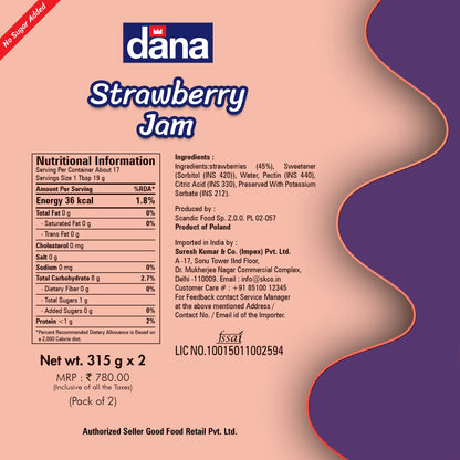 DANA Strawberry Diabetic Spread, 315g, Pack of 2, Product of Poland - Strawberry sensation!