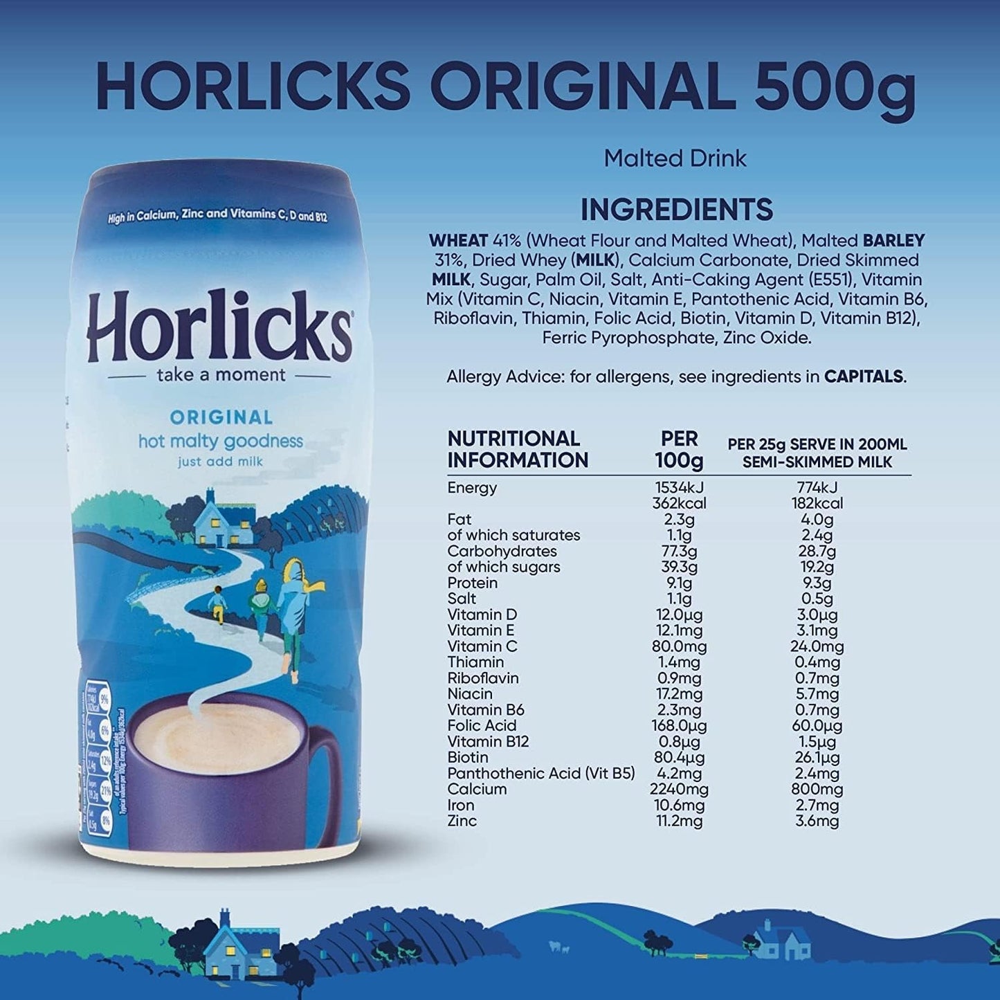 Horlicks Take a Moment Original 500gm - Rich & Nourishing Malt Drink for Instant Energy and Wellness Boost - Original malt drink for a rich, nourishing boost, 500g.