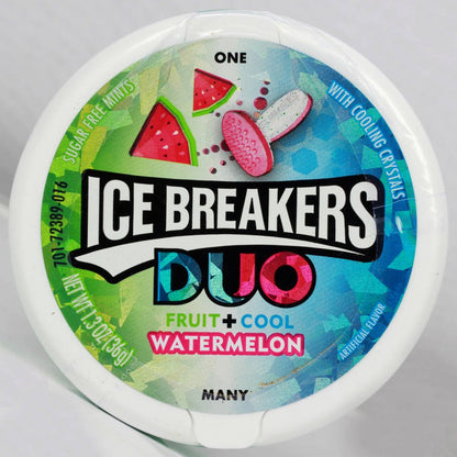 Ice Breakers Duo Fruit + Cool Sugar Free Mint, Watermelon, 2 x 42 g - Watermelon-flavored mints, fruity and cool, 2 packs of 42g each.