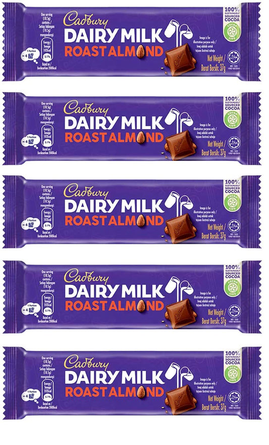 Cadbury Dairy Milk Roast Almond 37g Pack of 5 (Malaysia) - Roasted almond goodness