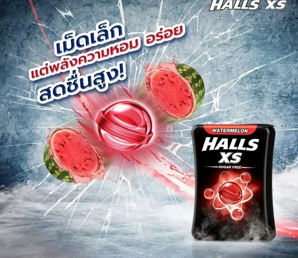 Halls XS Flavored Sugar Free Candy 13.8g Each - Pack of 12 (Watermelon) - Enjoy the refreshing taste of watermelon in a sugar-free candy.