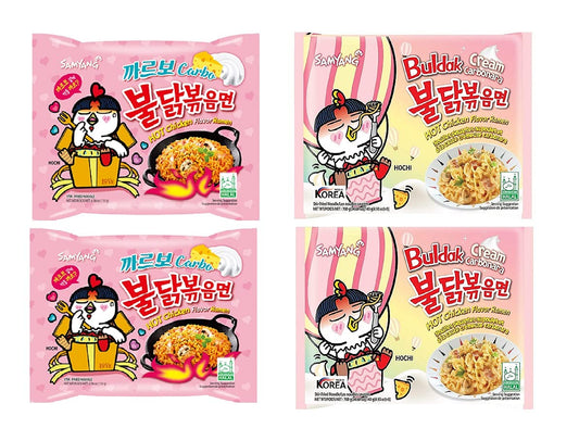 Sam Yang Samyang Buldak Carbo Pasta Noodles & Buldak Cream Carbonora Instant Noodles (Pack of 4) (560gm) (Imported) Instant Noodles Non-vegetarian (4x140 g)(Combo Pack)