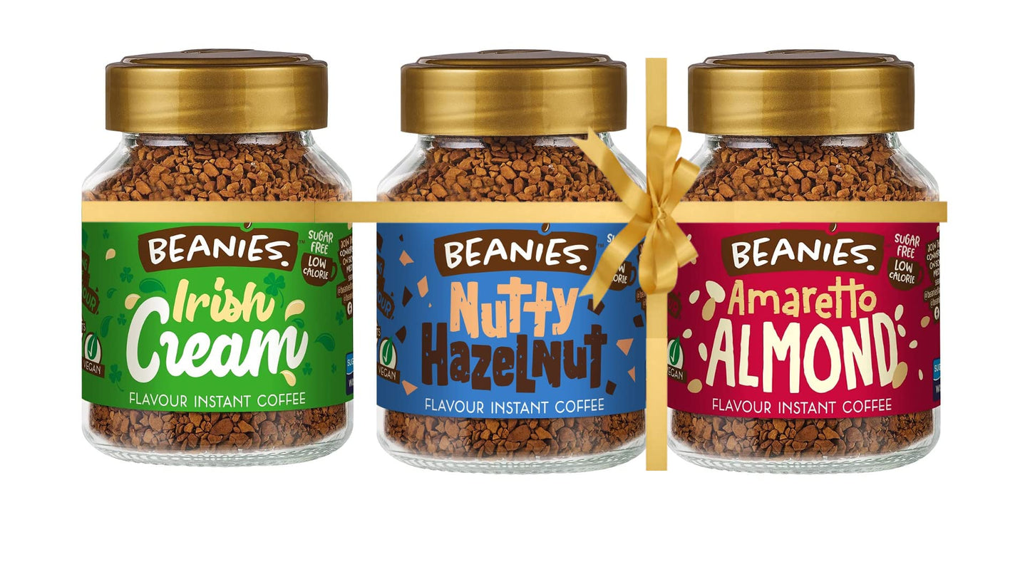 Beanies | Instant Flavoured Coffee | Irish Cream 50g, Nutty Hazelnut 50g, Amaretto Almond 50g | Low Calorie, Sugar Free | Pack of 3 - A flavorful coffee collection