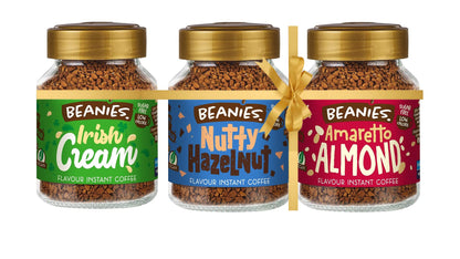 Beanies | Instant Flavoured Coffee | Irish Cream 50g, Nutty Hazelnut 50g, Amaretto Almond 50g | Low Calorie, Sugar Free | Pack of 3 - A flavorful coffee collection