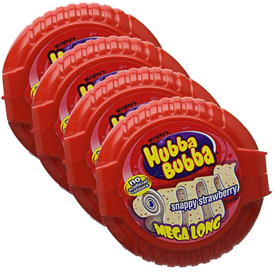 Hubba Bubba Mega Long Snappy Strawberry, 4 Pack, 4 X 56 G, 224 Grams - Four packs of snappy strawberry bubble tape, 56g each.