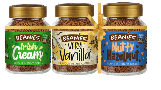 Beanies | Instant Flavoured Coffee | Irish Cream 50g, Very Vanilla 50g, Nutty Hazelnut 50g | Low Calorie, Sugar Free | Pack of 3 - Coffee variety for every mood