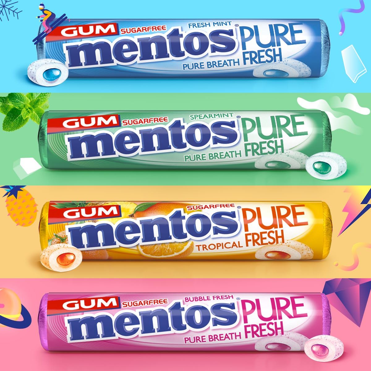 Mentos Sugarfree Pure Fresh, Spearmint, 24 x 15.5 g - "Spearmint Fresh Burst!"