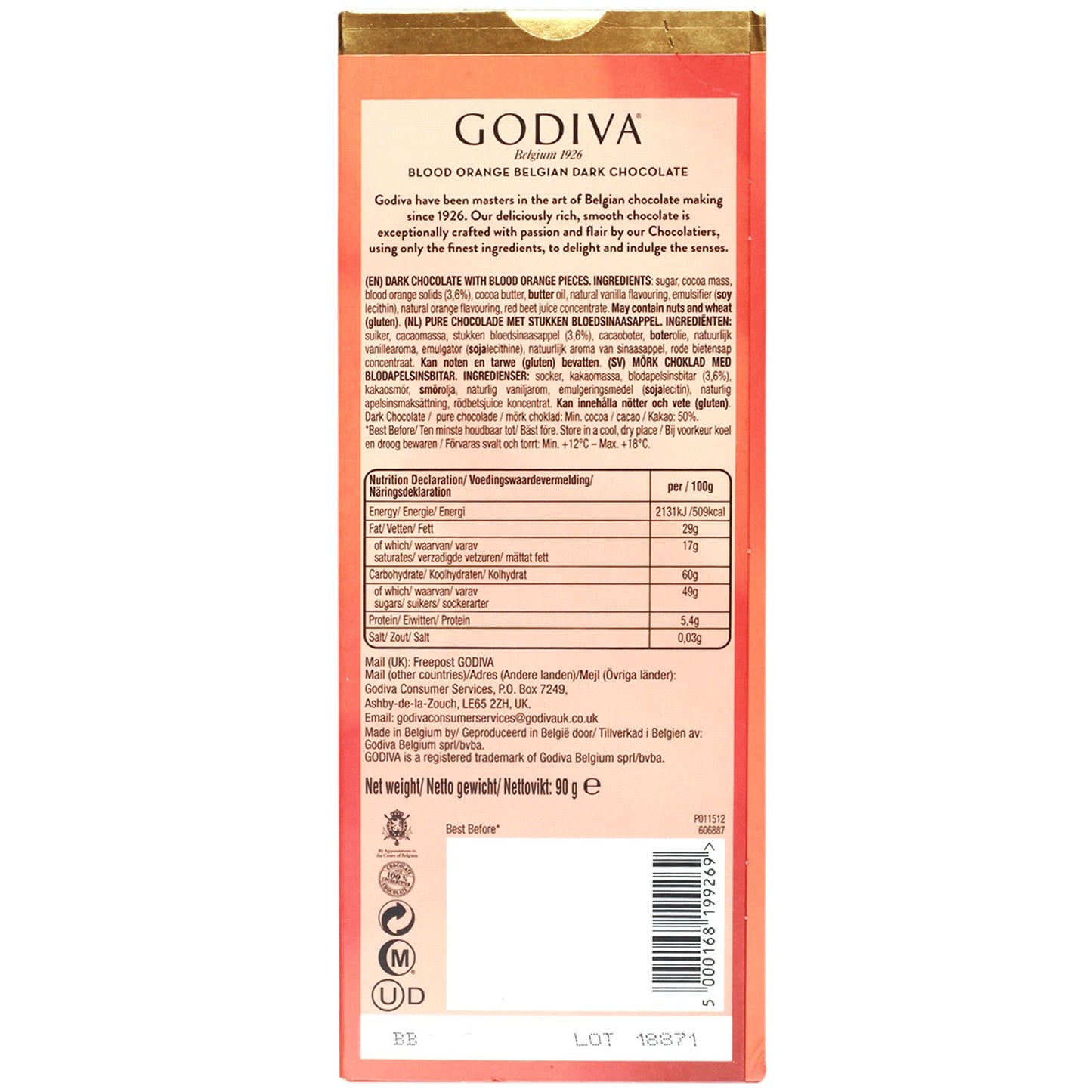 Godiva Belgian Dark Chocolate With Blood Orange Bits, 90g - Experience the bold and zesty combination of Belgian dark chocolate and blood orange bits in Godiva's exquisite chocolate bar