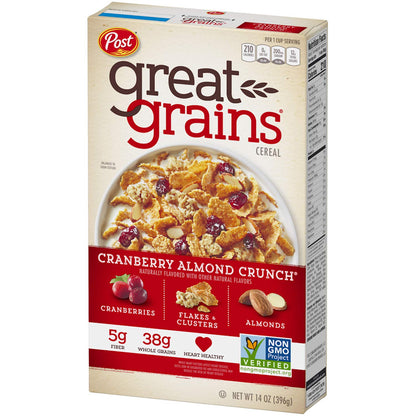 Post Great Grains Cranberry Almond Crunch Whole Grain, Non GMO Verified, Heart Healthy Cereal, 14 Ounce Box - Cranberry almond crunch for a heart-healthy start!