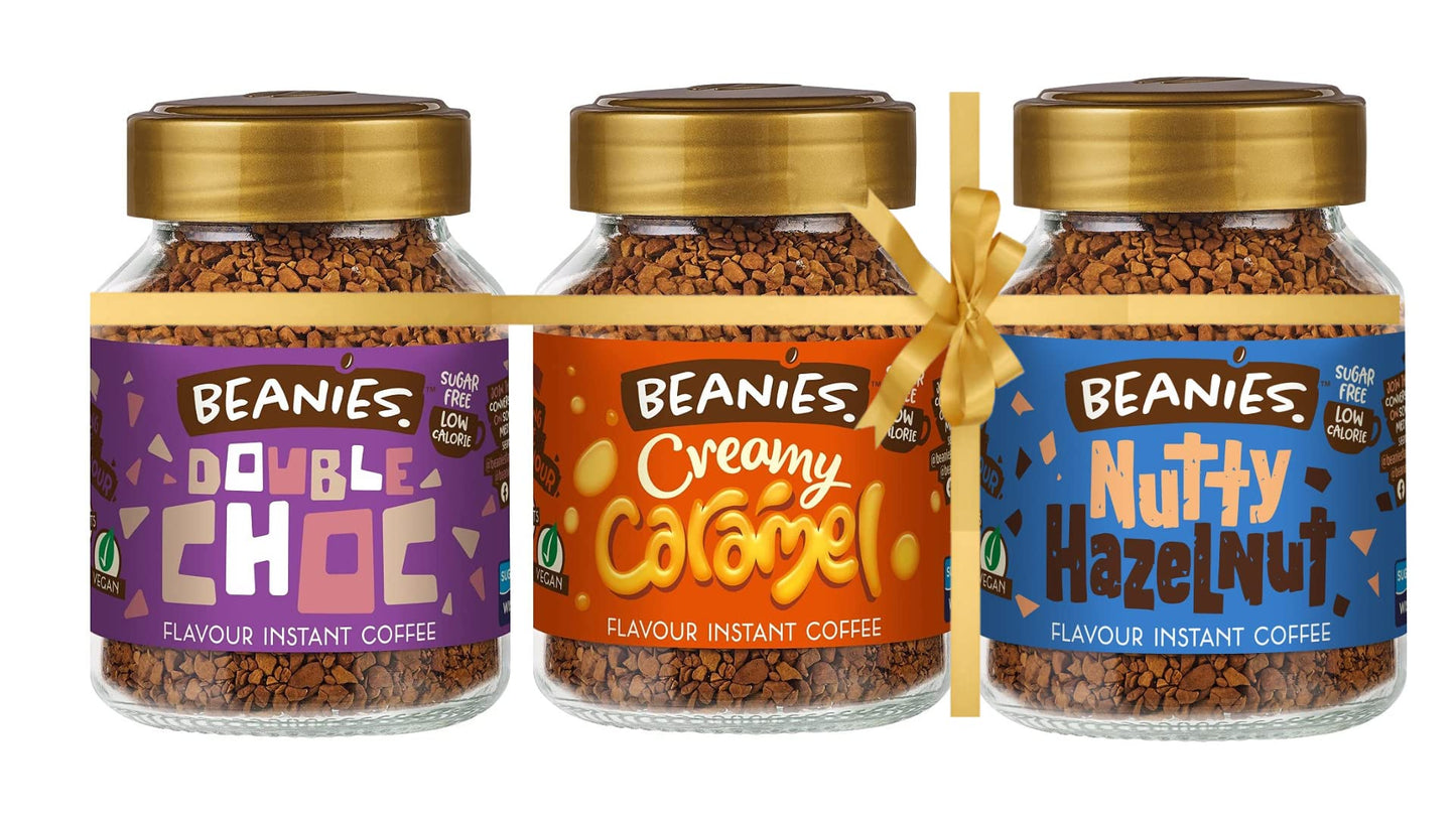 Beanies | Instant Flavoured Coffee | Double Chocolate 50g, Creamy Caramel 50g, Nutty Hazelnut 50g | Low Calorie, Sugar Free | Pack of 3 - A trio of tasty treats