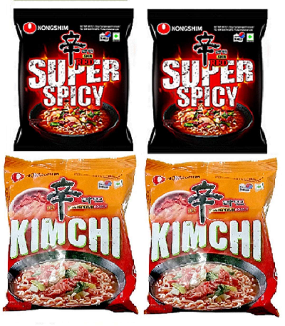 Nongshim Red Super Spicy & Kimchi Instant Noodles 120gm*4Pack (Pack of 4) (Imported) - "Nongshim Red Super Spicy & Kimchi - 4 Pack, 120g Each of Fiery Kimchi Goodness!"