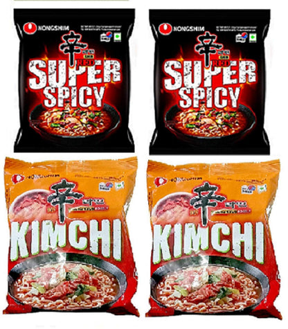 Nongshim Red Super Spicy & Kimchi Instant Noodles 120gm*4Pack (Pack of 4) (Imported) - "Nongshim Red Super Spicy & Kimchi - 4 Pack, 120g Each of Fiery Kimchi Goodness!"