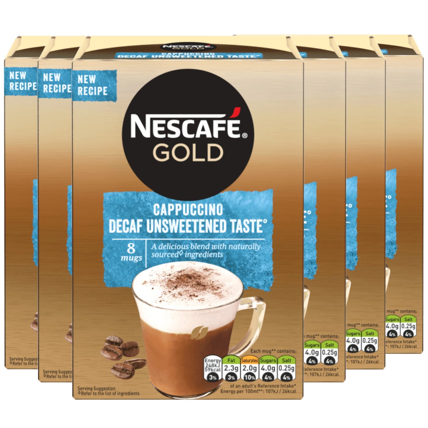 Nescafe Gold Decaffeinated Cappuccino Unsweetened Coffee 8 Sachets Pouch, 6 X 120 g - "Decaf Cappuccino Bliss - Unsweetened Perfection in Every Sachet!"