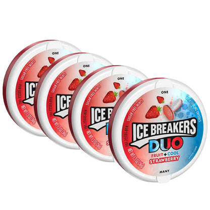 Ice Breakers Duo Fruit and Cool Strawberry Mints Pack of 4 Pouch, 4 x 36 g - Four packs of fruity cool strawberry mints, 36g each.