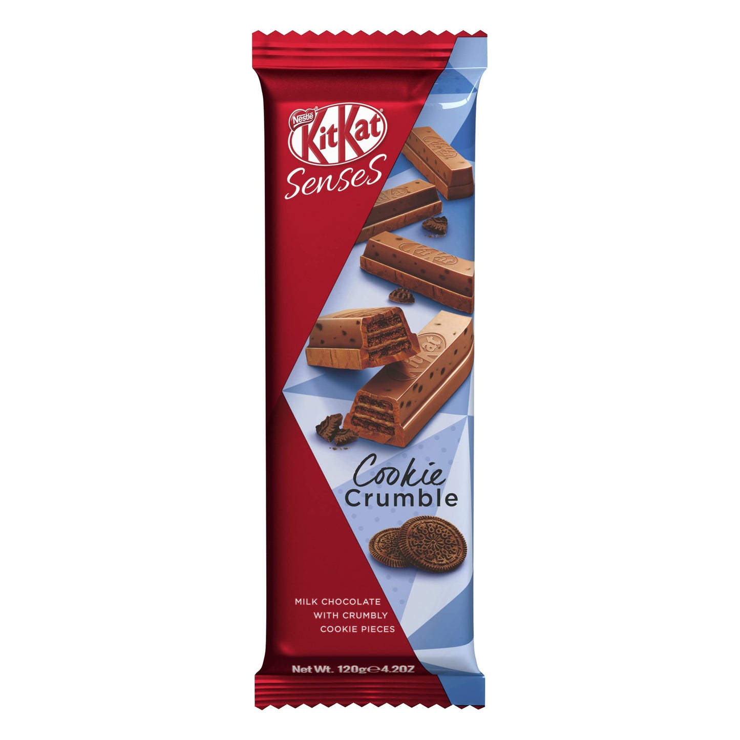 KIT KAT Senses Cookies Crumble Milk Chocolate 120g - Indulge in the rich flavor of cookies crumble in KIT KAT Senses Cookies Crumble Milk Chocolate, 120g.