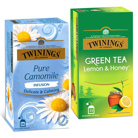 Twinings Green Lemon & Honey & Pure Camomile Tea, Green & Herbal Infusion Two Tea Combo Pack, Caffeine Free Herbal Tea for Anxiety & Stress Relief, Sugar-Free, 25 Teabags Each