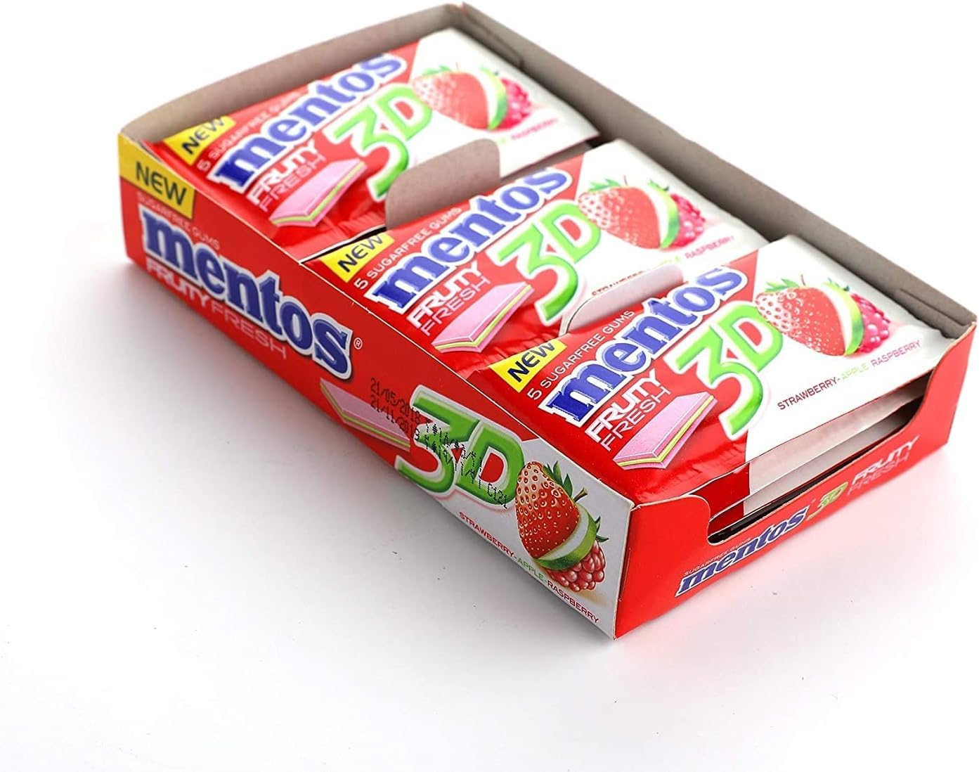 Mentos 3D Triple Layer Sugar-Free Chewing Gum 5 sticks each - pack of 15 (Strawberry) - "Triple Layer Strawberry Gum!"