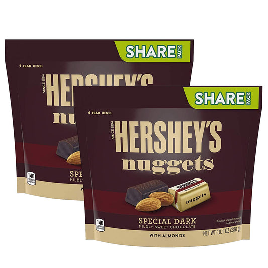 Hershey's Nuggets Special Dark Chocolate with Almonds, 2 X 286 g - Two packs of special dark chocolate nuggets with almonds, 286g each.